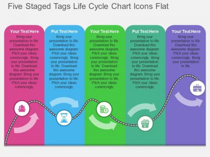 Five staged tags life cycle chart icons flat powerpoint design