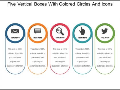 Five vertical boxes with colored circles and icons