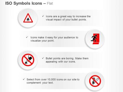 Flamable material fire exit fire safety bucket no smoking ppt icons graphics