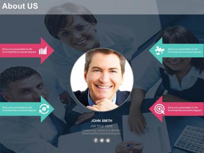Four arrows and icons for about us powerpoint slides