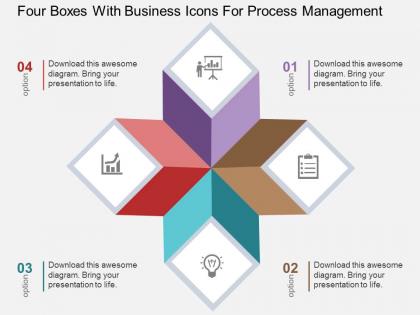 Four boxes with business icons for process management flat powerpoint design