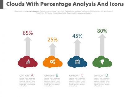 Four clouds with percentage analysis and icons powerpoint slides