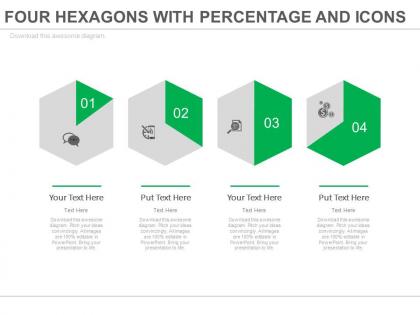 Four hexagons with percentage and icons powerpoint slides