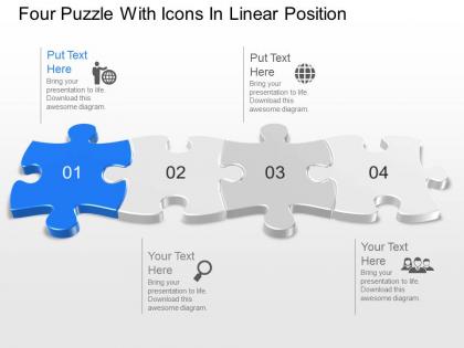 Four puzzle with icons in linear position powerpoint template slide