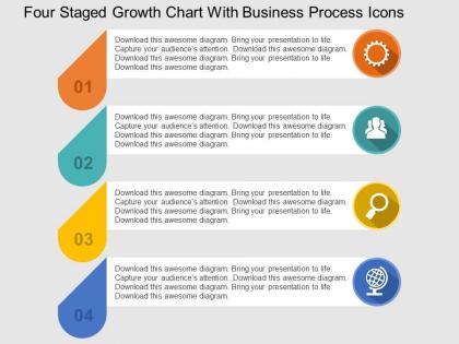 Four staged growth chart with business process icons flat powerpoint design