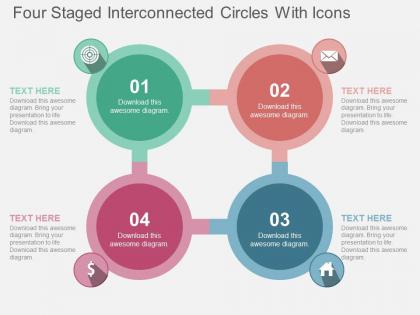 Four staged interconnected circles with icons flat powerpoint design