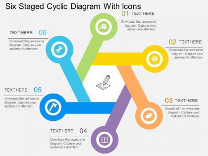 Fv six staged cyclic diagram with icons flat powerpoint design