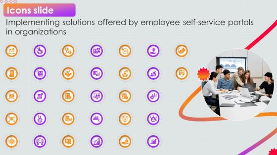 Icons Slide Implementing Solutions Offered By Employee Self Service Portals In Organizations PPT Template