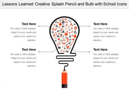 Lessons learned creative splash pencil and bulb with school icons
