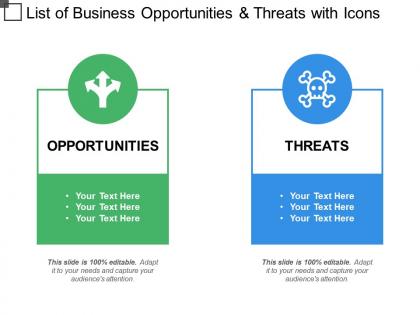 List of business opportunities and threats with icons