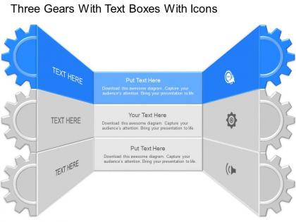 Nd three gears with text boxes with icons powerpoint temptate
