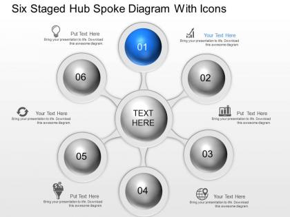 Ne six staged hub spoke diagram with icons powerpoint template slide