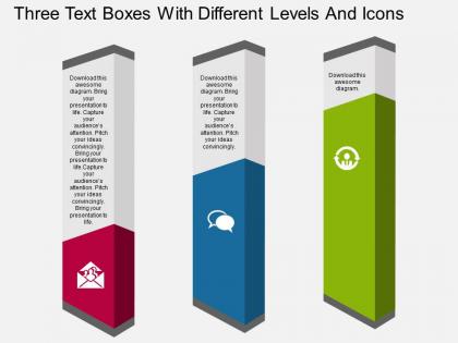 Nj three text boxes with different levels and icons flat powerpoint design