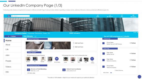 Our Linkedin Company Page About Linkedin Marketing For Startups Ppt Icons