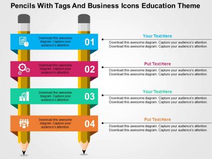 Pencils with tags and business icons education theme flat powerpoint design