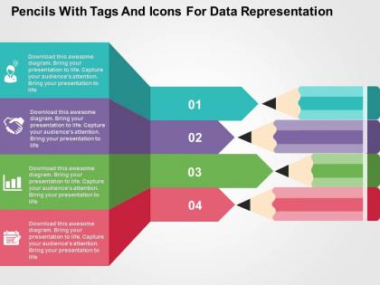 Pencils with tags and icons for data representation flat powerpoint design