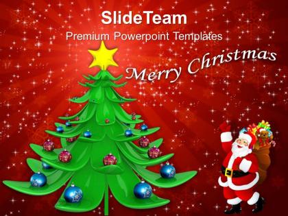 Pleasant holidays christmas trees decorative and santa with gifts templates ppt backgrounds for slides