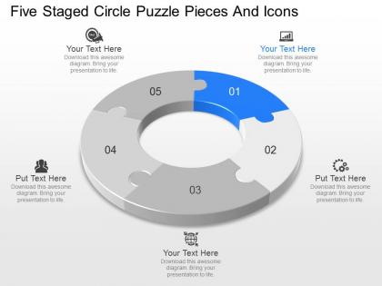 Pp five staged circle puzzle pieces and icons powerpoint template