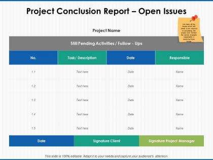 Project conclusion report open issues project manager ppt powerpoint icon slides