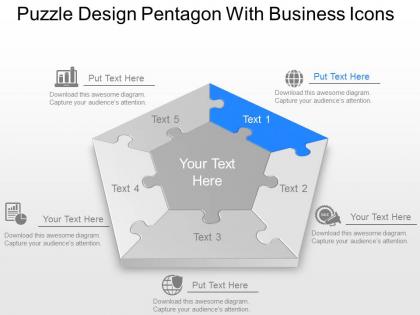 Puzzle design pentagon with business icons powerpoint template slide