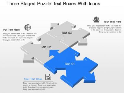 Rt three staged puzzle text boxes with icons powerpoint template