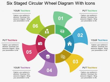 Six staged circular wheel diagram with icons flat powerpoint design
