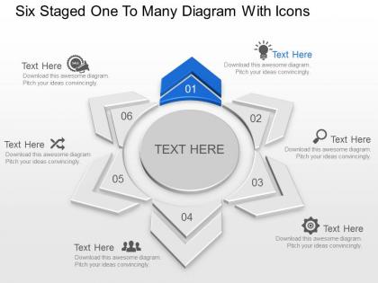 Six staged one to many diagram with icons powerpoint template slide