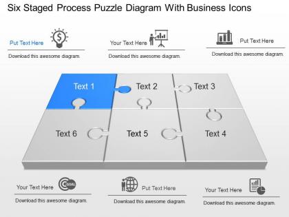 Six staged process puzzle diagram with business icons powerpoint template slide