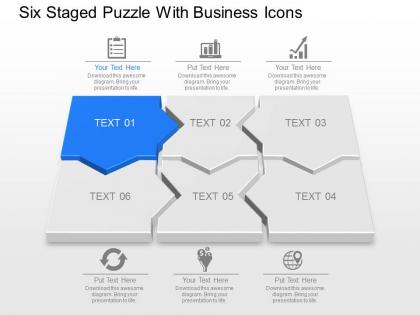 Six staged puzzle with business icons powerpoint template slide