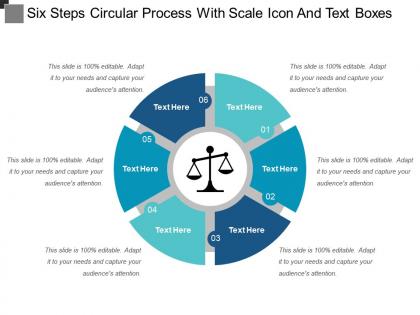 Six steps circular process with scale icon and text boxes