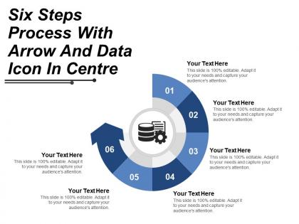 Six steps process with arrow and data icon in centre