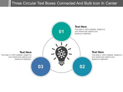 Three circular text boxes connected and bulb icon in center