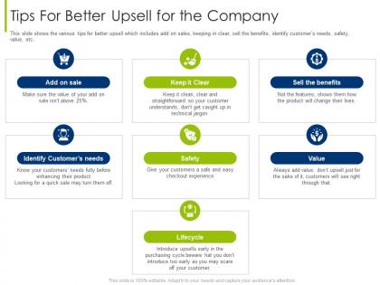 Tips for better upsell for tips to increase companys sale through upselling techniques ppt icons