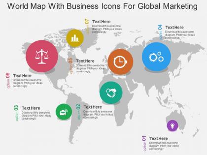 World map with business icons for global marketing ppt presentation slides