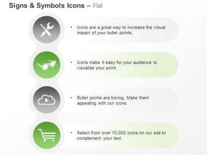 Wrench screwdriver sunglasses play button cart ppt icons graphics