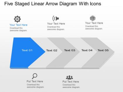 Xo five staged linear arrow diagram with icons powerpoint template