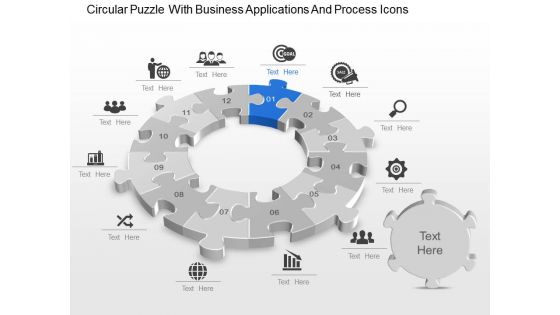 An circular puzzle with business applications and process icons powerpoint template slide