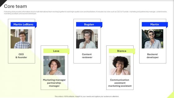 Core Team Professional Icons Platform Investor Funding Elevator Pitch Deck