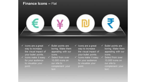 Euro yen rupee israel currency ppt icons graphics