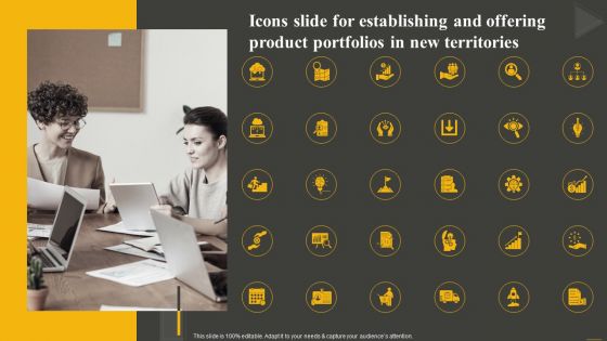 Icons Slide For Establishing And Offering Product Portfolios In New Territories