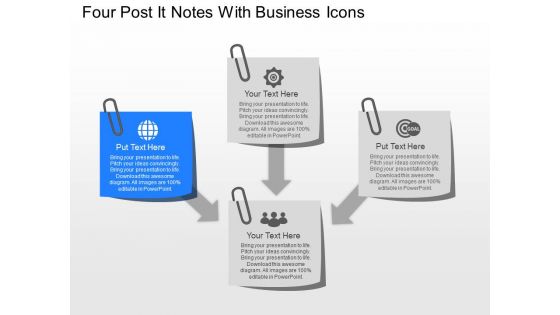 No four post it notes with business icons powerpoint template