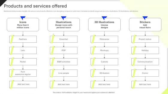 Products And Services Offered Professional Icons Platform Investor Funding Elevator Pitch Deck