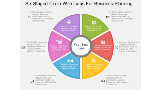 Six staged circle with icons for business planning flat powerpoint design