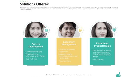 Solutions offered cosmetic product investor funding elevator ppt icon design templates