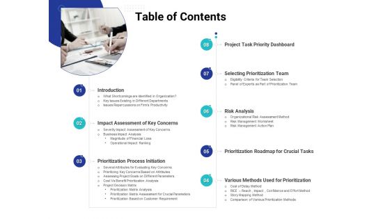 Table of contents tasks prioritization process ppt icons
